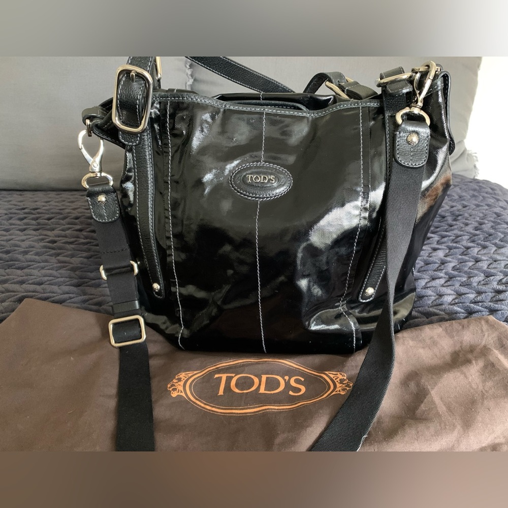 TOD’S G-Line Sacca Black Patent Leather Tote Crossbody Bag with Dust Bag - Picture 11 of 14